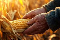 Senior farmer inspecting a corn hands agriculture harvesting.