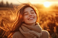 Happy woman sunset smile scarf.