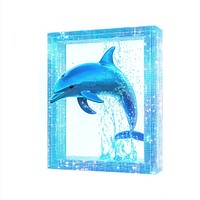 Pixelated dolphin jumping through a digital window vibrant water blue.