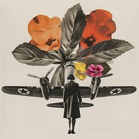 Paper collage of a bomber flowers airplane colorful.