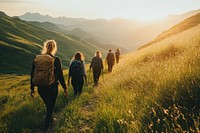 Group of friends hiking adventure mountains backpack.