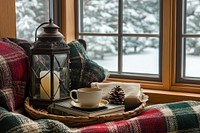 Cozy winter home window coffee lantern.