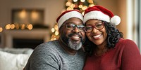 Christmas african american couple happy hats glasses.