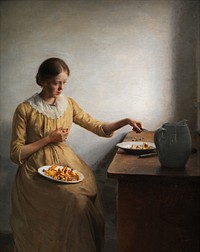 A young girl cleaning chanterelles by Peter Vilhelm Ilsted. Original public domain image from Statens Museum for Kunst. Digitally enhanced by rawpixel.