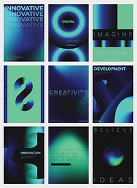 Futuristic digital innovation posters. Digital poster template set with abstract blue and green gradient background design. Set of digital innovation poster templates, blue and neon green design