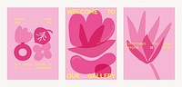 Set of abstract pink and red botanical vector designs. Floral patterns with leaves and flowers. Modern art with pink tones. Creative floral and botanical art. Pink and red botanical vector posters.