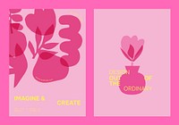 Abstract pink botanical vector poster template set. Floral patterns with leaves and flowers. Creative art gallery theme with pink. Creative floral and botanical art. Pink botanical vector posters.