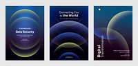 Modern technology-themed poster set, showcasing data analytics, and innovation. Set of poster templates in blue gradient with digital technology and data security. Poster template vector set.