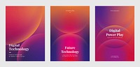 Poster set of tech-themed posters showcasing innovative technology, data analytics, and digital transformation. Set of poster purple gradient template poster. Poster template vector set.