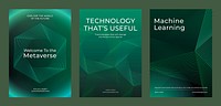 Three green tech posters featurings of metaverse, technology, and machine learning. Futuristic design with geometric patterns and digital. Environmental technology, green poster template vector set.