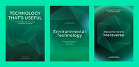 Green technology posters. Themes technology, environmental technology, and the metaverse. Futuristic design with geometric patterns. Environmental technology, green poster template vector set.