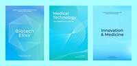 Set of three medical technology posters with abstract designs. Themes biotech, innovation, and healthcare. Blue and green color scheme throughout. Medical technology, healthcare template vector set.