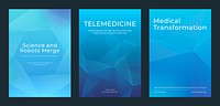 Blue medical posters with abstract geometric designs. Telemedicine, science, and robots merge. Medical transformation. Blue, abstract, medical focus. Medical technology, healthcare template vector set