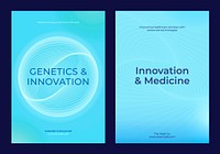 Blue-themed posters highlight genetics, innovation, and medicine. Emphasizing advanced technologies, genetics, and innovation in healthcare services. Medical technology, healthcare template vector.