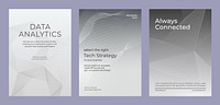 Abstract tech posters with geometric lines. Data analytics, tech strategy, and connectivitys. Modern design with lines, tech focus, and connectivity. Advanced technology gray template vector set.