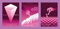 Three pink-themed posters: audience analysis, business insurance, strategic control. Features geometric shapes, domino effect, chess game. Modern, abstract design. Innovative business templates.