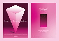 Pink geometric design with text promoting audience growth and innovation. Embrace the unknown, push boundaries, and analyze audience for growth. Pink gradient innovative business templates.