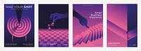 Set of four business posters in purple and pink tones. Themes include entrepreneurship, strategy, insurance, and leadership. Abstract designs with dynamic visual. Futuristic gradient business posters.