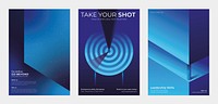 Three blue-themed business posters. Keywords: business, blue, posters. Featuring target, abstract design, and text. Keywords: business, blue, posters. Blue tone modern geometric business templates.