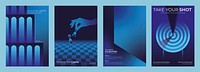 Set of four blue-themed posters with abstract designs. Includes chess hand, target, and geometric patterns. Ideal for creative, modern, and artistic themes. Futuristic business marketing posters.