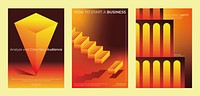 Three business posters with geometric designs. Bold colors and shapes emphasize business growth, audience analysis, and unity. Modern and dynamic business themes. Innovative business templates.