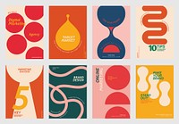 Colorful marketing posters with bold designs. Marketing tips, brand design, and target market themes. Vibrant marketing visuals for digital marketing. Retro pastel branding template vector set.