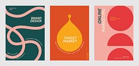 Three colorful marketing posters with bold text. Marketing themes include brand design, target market, and online marketing. Vibrant marketing visuals. Retro pastel branding template vector set.