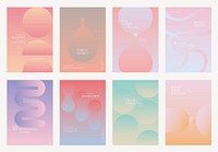 Set of pastel gradient posters for marketing, design, and business. Features abstract shapes and text. Ideal for digital marketing and brand design. Gradient pastel marketing template vector set.