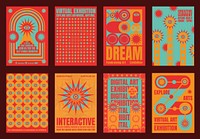 Colorful exhibition posters with bold text and abstract designs. Virtual art exhibition, interactive and digital themes. Bright blue and orange eye-catching. Psychedelic retro poster template vectors.