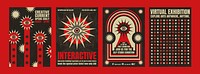 Retro exhibition posters with bold red and black designs. Eye motifs and text highlight interactive and virtual exhibition themes. Creative and bold designs. Psychedelic retro poster template vectors.