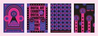 Digital psychedelic art exhibition posters in vibrant pink and blue. Eye motifs and bold text. Creative, digital, and exhibition elements. Psychedelic retro poster template vectors.