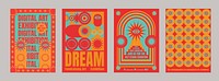 Colorful digital art exhibition posters with bold text and geometric patterns. Digital art and exhibition themes in vibrant red, orange, and blue designs. Psychedelic retro poster template vectors.