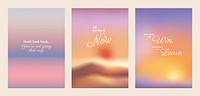 Three motivational posters with quotes. Soft pastel backgrounds with phrases about time, winning, and learning. Uplifting and positive messages. Pastel inspirational quote poster template vectors.