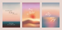 Motivational posters with soft, blurred backgrounds. Each poster features inspirational quotes in elegant fonts, promoting positivity and joy. Pastel inspirational quote poster template vectors.