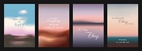 Four motivational posters and inspirational quotes. Each poster features calming colors and uplifting messages for positivity and motivation. Pastel inspirational quote poster template vectors.