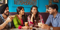 An Indian group of friends enjoying coffee together. The diverse friends, including South Asian and Indian ethnicities, share laughter and conversation over coffee.