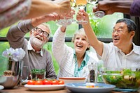 Group of diverse seniors enjoying a meal, toasting with wine. Elderly friends smiling, share a joyful moment. Seniors, diverse, and cheerful gathering. Happy retired people celebrating and toasting.