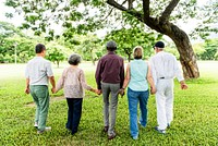 A diverse group of seniors walking hand in hand in a park. The diverse elderly friends enjoy nature, showing unity and friendship. Diverse seniors in a park, holding hands walking together. 