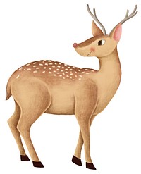 Illustration of a cartoon deer with antlers. The deer has a light brown body with white spots. The cartoon deer stands gracefully, showcasing its antlers. Animal illustration isolated on white.