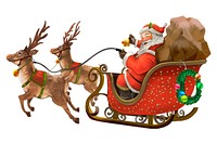 Santa Claus in a red sleigh with reindeer, holding reins. Santa, sleigh, and reindeer in a festive scene. Santa's sleigh, reindeer, and holiday cheer. Vintage holiday illustration isolated on white.