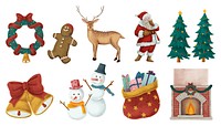 Christmas illustrations with Santa, reindeer, snowmen, wreath, bells, and gifts. Festive holiday icons include trees, fireplace, and gingerbread man. Holiday illustration set isolated on white.