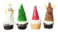 Festive cupcakes decorated as Christmas tree, Santa hat, reindeer, and angel. Christmas cupcakes with creative holiday designs. Fun, colorful holiday treats. Festive holiday border isolated on white.