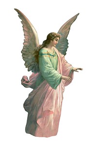 Illustration of an angel with large wings, wearing a flowing robe. The angel's serene expression and gentle pose convey peace and grace. Biblical illustration isolated on white background.