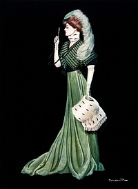 A woman wearing a fashionable gown and a hat with feathers in it, she is carrying an eyeglass and a fur stole. Colour process print. Original public domain image from Wellcome Collection. Digitally enhanced by rawpixel. 