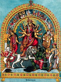 Durga slaying the Buffalo Demon on a stand within a torana surrounded by deities. Chromolithograph. Original public domain image from Wellcome Collection. Digitally enhanced by rawpixel. 