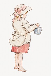 Girl and water bucket vintage illustration. Remixed by rawpixel.