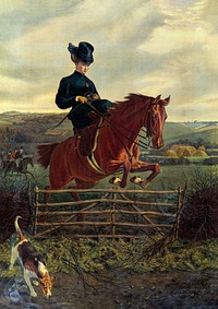 An elegantly dressed horsewoman jumping over a gate in a fence. Colour oleograph by E.G. Hester after C. Burton Barber, ca. 1870. Original public domain image from Wellcome Collection. Digitally enhanced by rawpixel.