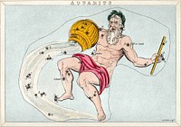 Astrology: signs of the zodiac, Aquarius. Coloured engraving by S. Hall. Digitally enhanced by rawpixel.