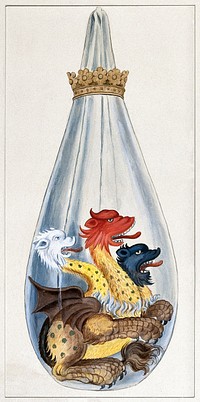 A three headed monster in an alchemical flask, representing the composition of the alchemical philosopher's stone: salt, sulphur, and mercury. Watercolour painting by E.A. Ibbs. Digitally enhanced by rawpixel.