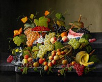 still life with grapes of various colors and grapevines and leaves, melon, peaches, raspberries, blackberries, plums, oranges, apples, lemon; goblet with water with lemon at L; basket at center bottom, white pedestal plate at top left. Digitally enhanced by rawpixel.